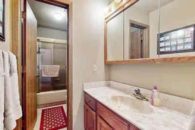 a bathroom with a sink and a mirror at Viking Alpine Haven in Winter Park