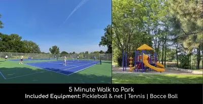 two pictures of a playground with people playing tennis at Immersive Spa Retreat with Sauna & 15m to Red Rocks in Lakewood