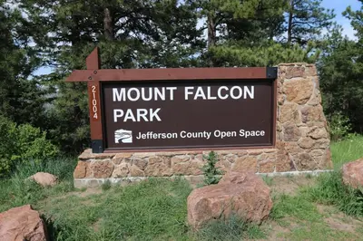a sign for the mount falcon park at Near Red Rocks with Hot Tub, Fire Pit and Views in Indian Hills
