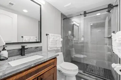 a bathroom with a toilet and a sink and a shower at Whole House Relaxing Oasis by Fitzsimmons Campus in Aurora