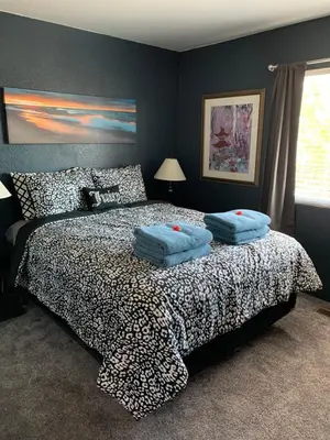 a bedroom with a bed with two pillows on it at Charming 3 bed 3 bath home, super cozy, close to DIA in Altura