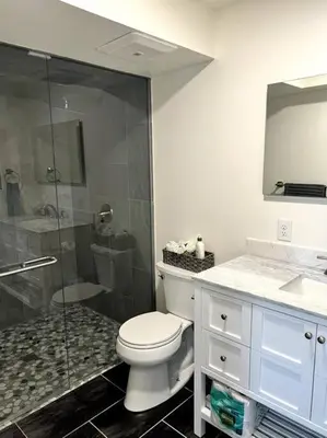 a bathroom with a shower and a toilet and a sink at Hot Tub Steam Shower Gym in Charming Family Home! in Lafayette