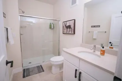 a bathroom with a shower and a toilet and a sink at WinterPark, Ski, CoffeeBar, Pets and CommunalHotTub in Winter Park