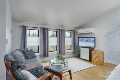 a living room with a couch and a tv at Denver guesthouse w patio near Schafer Park in Denver