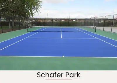 a tennis court withschatter parkrative picture of a tennis court at Denver guesthouse w patio near Schafer Park in Denver