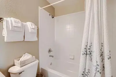 a bathroom with a white shower curtain and a toilet at 152 Ponds on the Blue River home in Silverthorne
