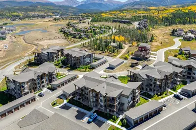 an aerial view of an apartment complex at Modern Condo with Hot Tub 5 Mi to Winter Park! in Fraser