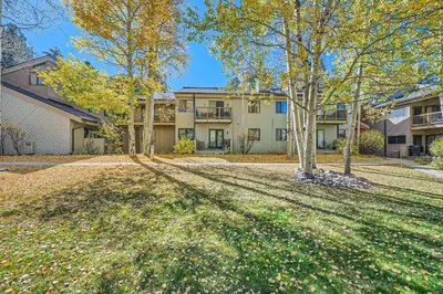 a large yard with trees in front of a house at 1147 Flying Dutchman condo in Keystone