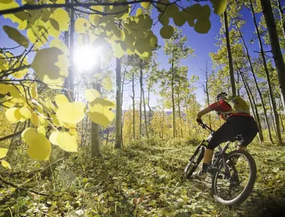 a person riding a bike on a trail in the woods at Iron Horse Manor home in Winter Park