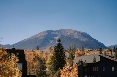 a mountain in the distance with houses and trees at Alpine Hideaway with Free Shuttle - Wildernest in Silverthorne