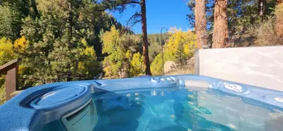 a blue tub with a view of a forest at Creekside Craftsman Cabin with Jacuzzi - Alpine Splendor 6 Mins to downtown in Boulder