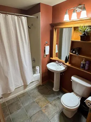 a bathroom with a toilet and a sink at Ski-In Ski-Out Condo at Zephyr Mountain Lodge 1518 in Winter Park