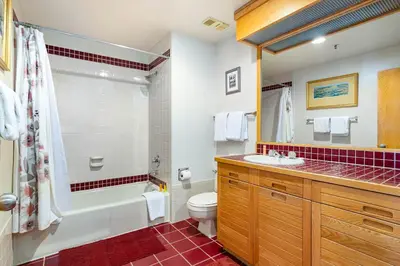 a bathroom with a tub and a toilet and a sink at 2797 Slopeside condo in Keystone