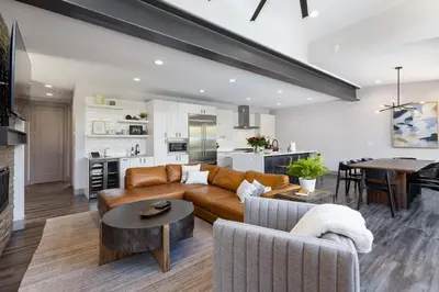 a living room with a couch and a table at Keystone Adventures Basecamp townhouse in Keystone