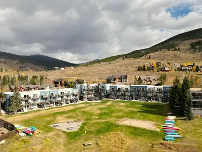an aerial view of a resort in the mountains at Yacht Club 27 condo in Dillon