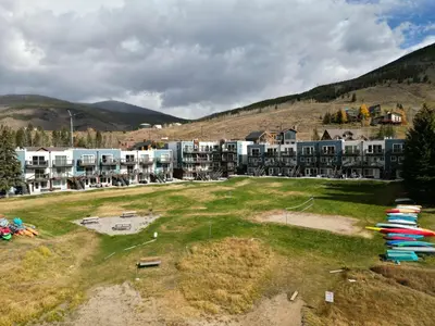 an aerial view of a resort in the mountains at Yacht Club 27 condo in Dillon