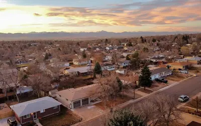 an aerial view of a small town with a street at Modern Westminster retreat w game room in Westminster