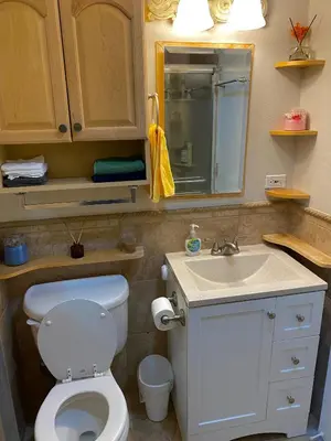 a bathroom with a white toilet and a sink at Cherry Creek Condo in Denver