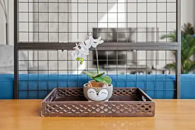 a wooden table with a vase with a plant in it at 1700 Bassett, Unit 711 in Denver