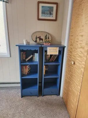 a blue bookcase in a corner with books at Rocky Mountain National Park Entrance one Mile in Grand Lake
