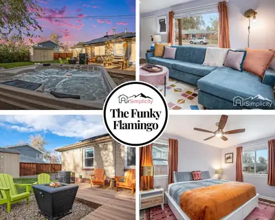 a collage of pictures of a house at The Funky Flamingo - HOT TUB - BBQ - Fire Pit in Arvada