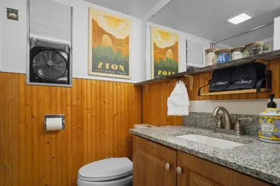 a bathroom with a toilet and a sink and a fan at Whimsical Berkeley Bungalow in Denver