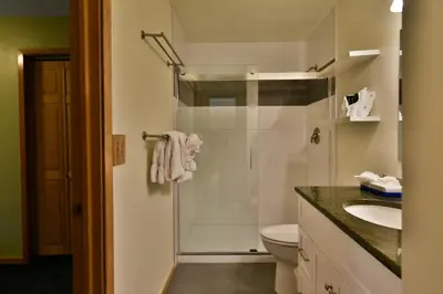a bathroom with a shower with a toilet and a sink at Woodbridge Inn Getaway: Pet Friendly, Mountain Views in Frisco