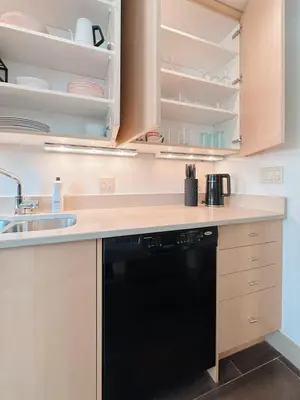 a kitchen with a black dishwasher next to a sink at 1 bed apartment with parking - Denver Museum District Walk to Convention Center, Capital, museums and shops in Denver