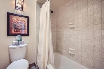 a bathroom with a toilet and a tub and a shower at 2017 Lodgepole condo in Keystone