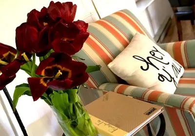 a vase of red flowers on a table next to a couch at Remington Flats in Fort Collins