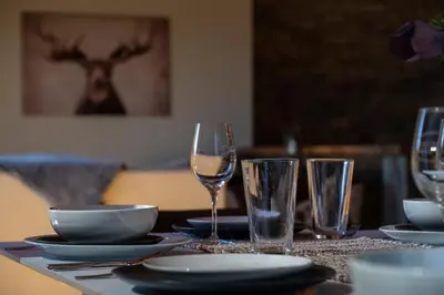a table with wine glasses and plates on it at Luxurious Chalet - Epic Views, Hot Tub, Gym, Game Room, & 4k Projector in Grand Lake in Grand Lake