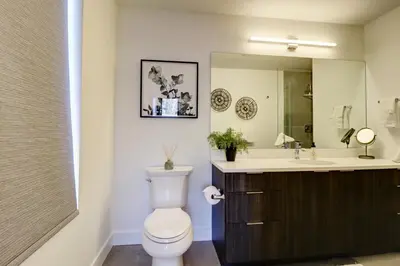 a bathroom with a toilet and a sink and a mirror at River West 611 condo in Silverthorne
