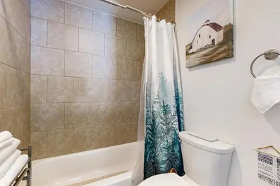 a bathroom with a tub and a toilet and a shower at Lakefront Keystone Studio in Keystone