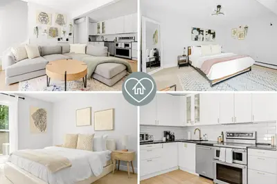 a collage of photos of a bedroom and a living room at Bright & Modern - King Suite - Creekside Trail in Boulder
