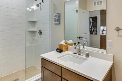 a bathroom with a sink and a shower at 3 Mi to Winter Park Resort Mtn-View Haven! in Winter Park