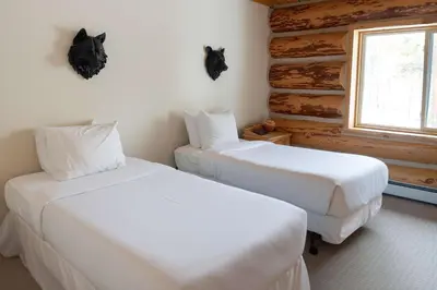 two white beds in a room with a log wall at Silverthorne Cabin with Hot Tub and Forest Access in Silverthorne
