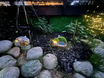a garden with rocks and a garden with a toy turtle at Pickleball and Hot Tub Retreat in Denver