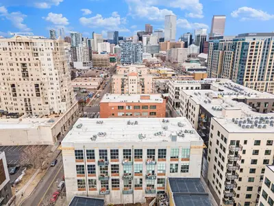 an aerial view of a city with tall buildings at Stylish City Loft Walk to Dining & Shops in Denver