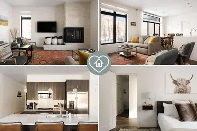 two pictures of a living room and a dining room at Riverfront Patio - Hot Tub - Luxe Silverthorne in Silverthorne