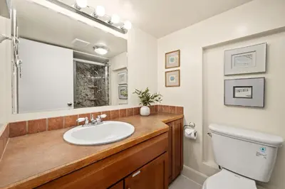 a bathroom with a sink and a toilet and a mirror at Peterson Retreat - Hot Tub, Bikes, Old Town in Fort Collins