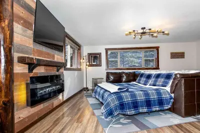 a living room with a couch and a flat screen tv at Lux 3BR Home - Wildlife & Views near RMNP in Estes Park