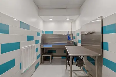 a kitchen with blue and white tiles on the wall at My Sweet Rentals- 30 night min in Aurora
