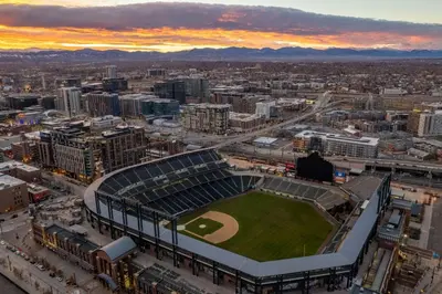 an aerial view of a baseball stadium with a baseball field at Chic Loft Heart of RiNo in Denver