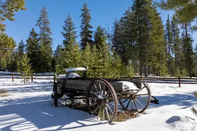 a wooden horse drawn cart in the snow at Wagon Ranch Ultimate Retreat with Hot Tub in Tabernash