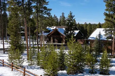 a log cabin in the snow with trees at Wagon Ranch Ultimate Retreat with Hot Tub in Tabernash