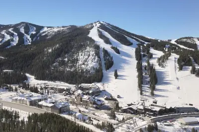 an aerial view of a ski resort on a snowy mountain at Hot Tub Mountain Views Steps to Trails in Winter Park