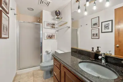 a bathroom with a sink and a toilet and a shower at City Center Oasis Prime Location with Views in Denver