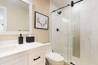 a bathroom with a shower and a toilet and a sink at SunSong Escape in Fraser