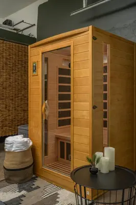 a wooden shower stall with a table in a room at Luxe 4BR Mtn Retreat With Stunning Views Near Ski AndHikes in Nederland