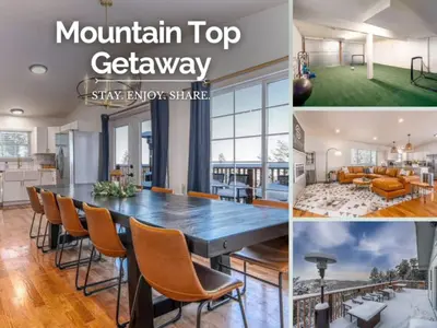 a collage of pictures of a mansion top kitchen and living room at Mountain Top Getaway With A Hot Tub in Morrison